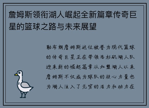 詹姆斯领衔湖人崛起全新篇章传奇巨星的篮球之路与未来展望